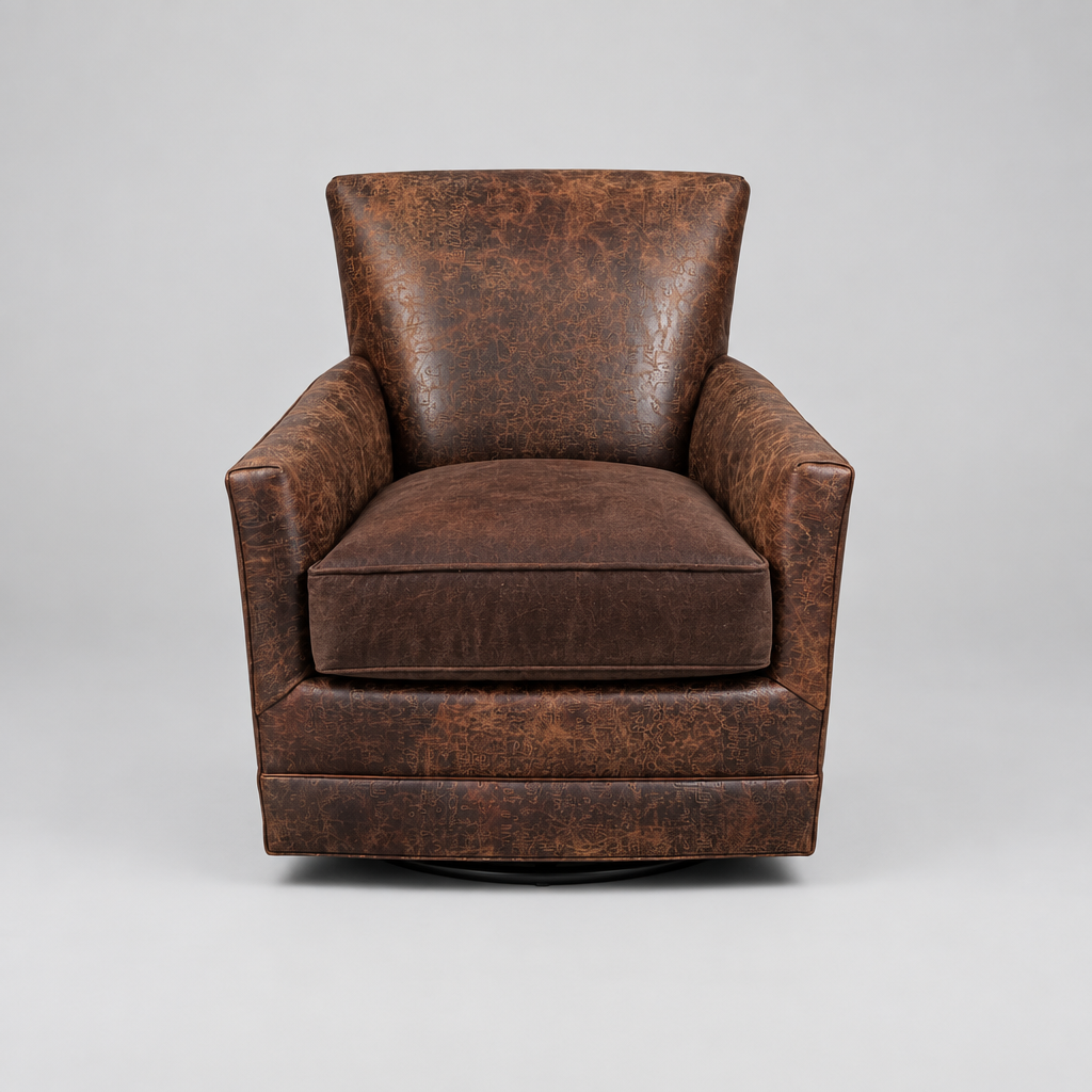 A dark brown distressed leather swivel armchair with a high back and thick seat cushion, photographed against a neutral light gray background.
