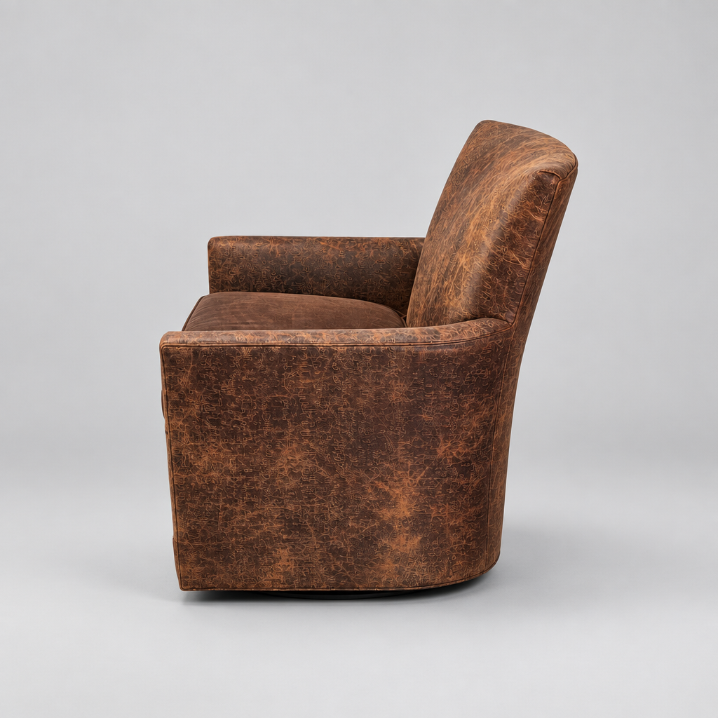 A single upholstered armchair shown from the side against a light gray studio background. The chair has a distressed brown faux-leather or leather-like finish with visible texture and tonal variation.