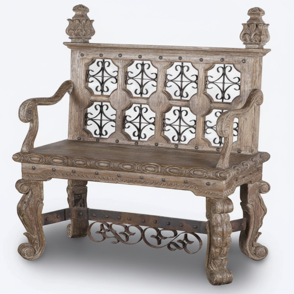Decorative wooden bench with intricate metalwork on a white background