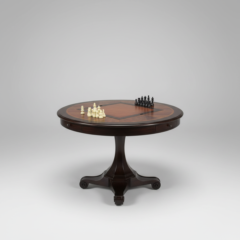 Round wooden table with chess pieces on a gray background