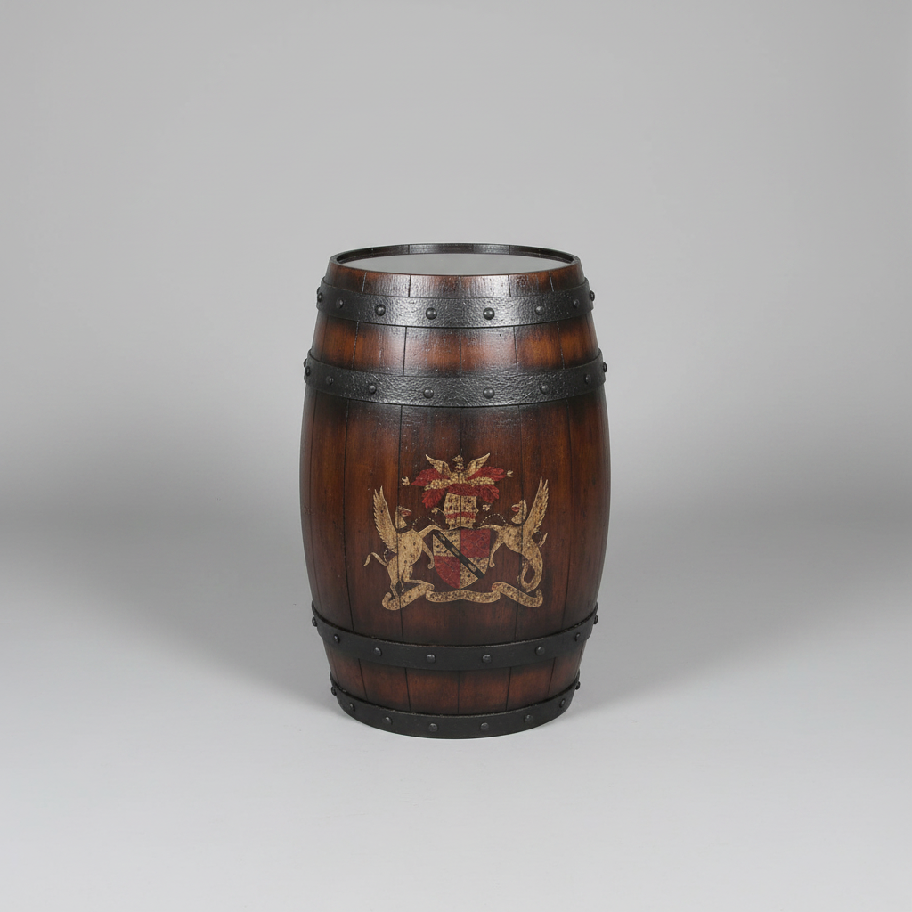 Decorative wooden barrel table with intricate carvings on a stone floor.