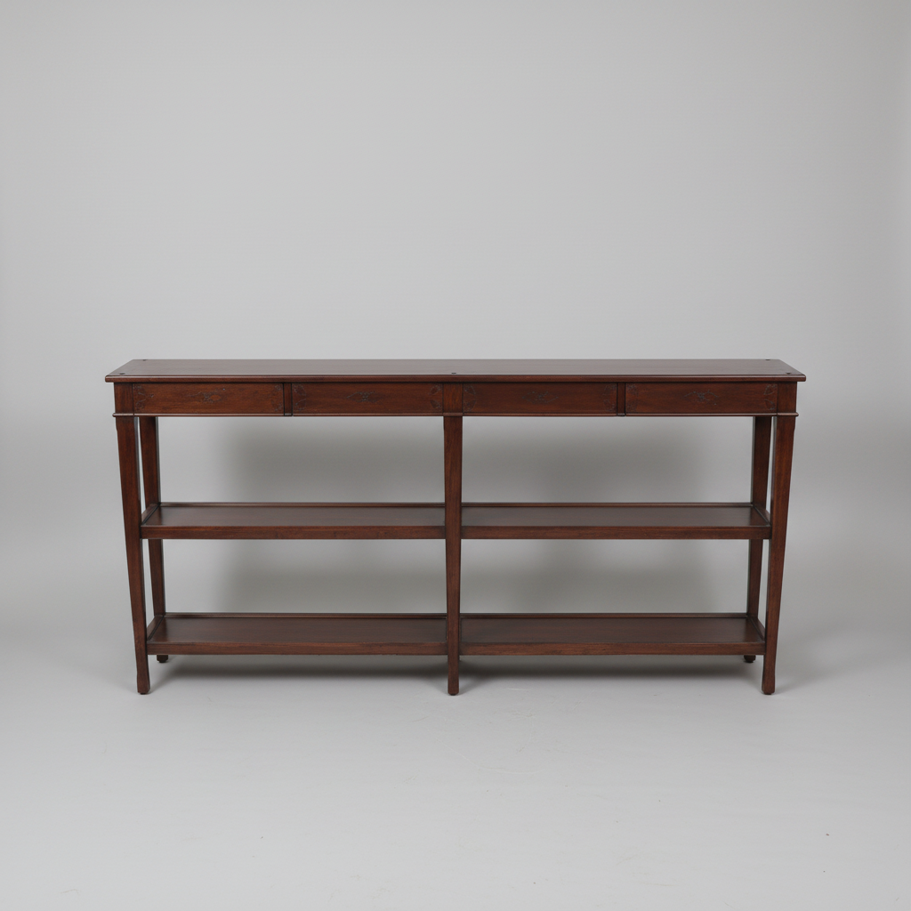 Wooden console table with decorative items including a horse statue, vases, and small red apple-shaped lights.