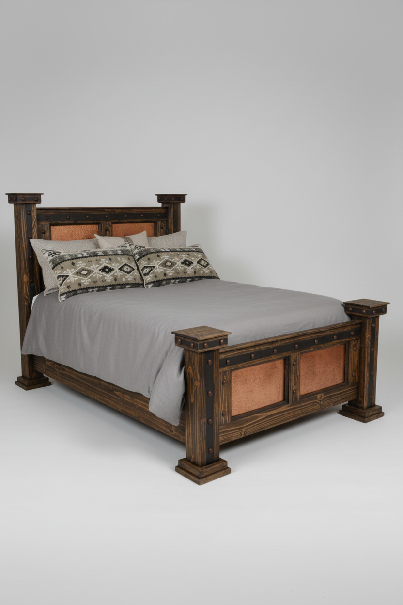 Wooden bed with gray bedding and patterned pillows on a white background