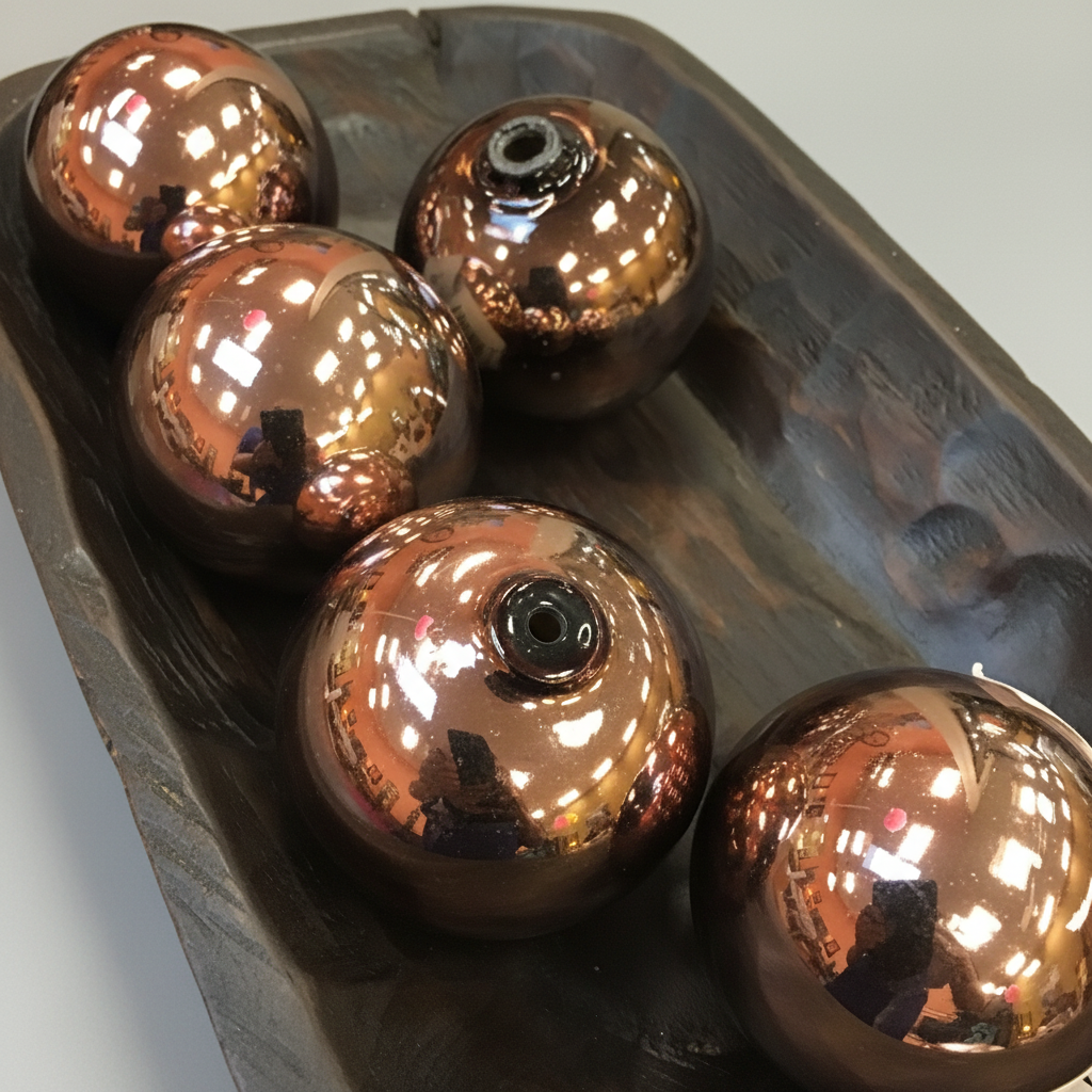Copper-colored spherical objects on a gray tray