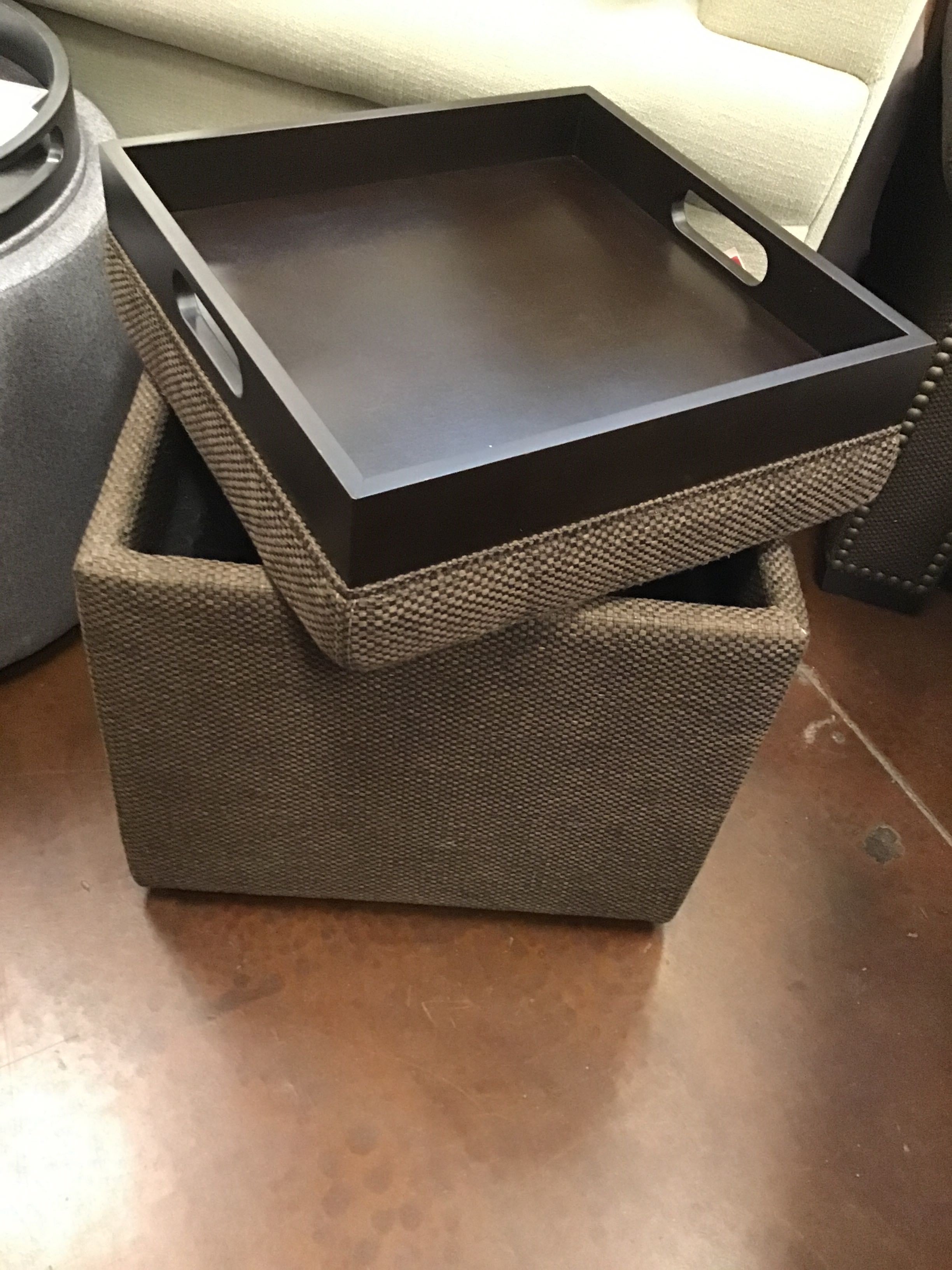 Brown textured storage box with a black tray on top