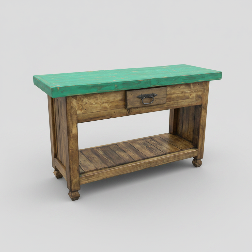 Wooden console table with green top on a white background