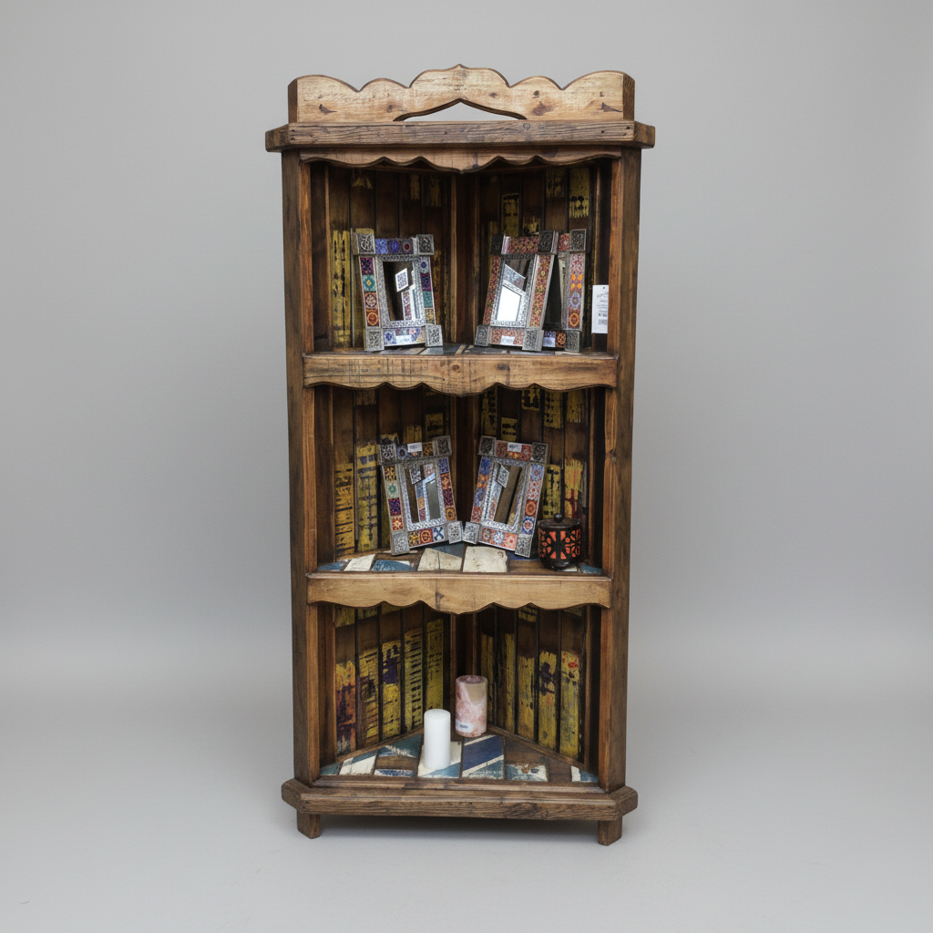 A rustic three-tier wooden bookshelf with a distressed finish, styled with vintage book spines and small decorative items, set against a neutral gray studio background.