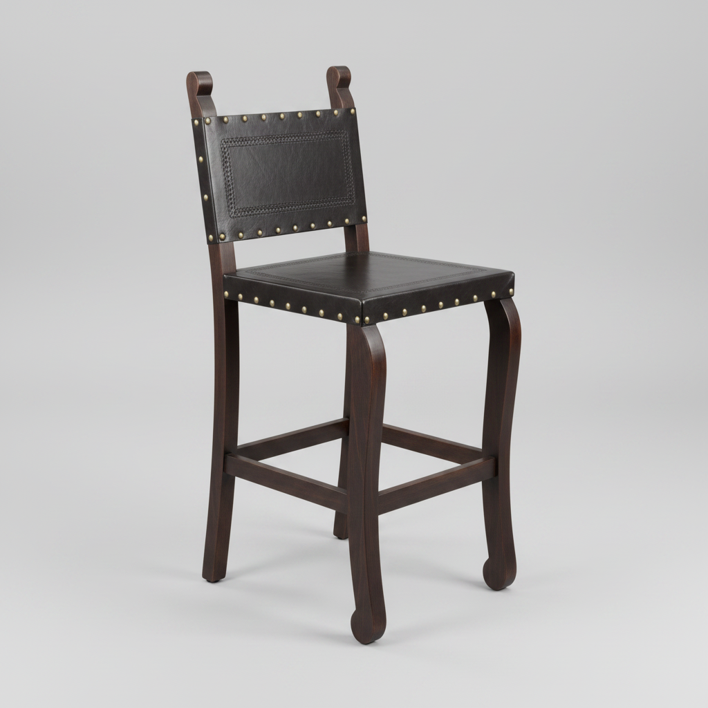 Brown leather bar stool with wooden frame on a light gray background