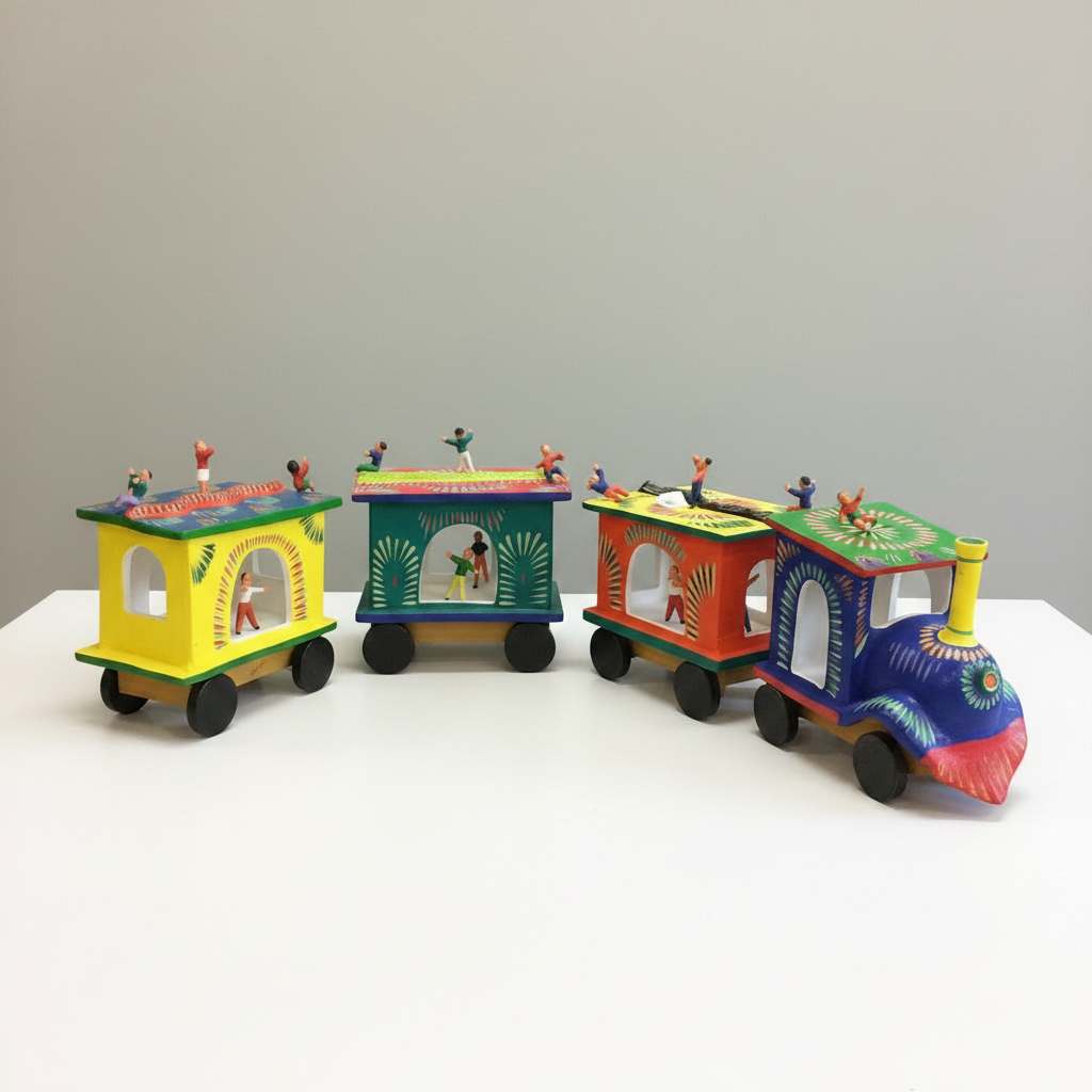 Four hand-painted wooden toy train cars arranged on a dark wood table against a plain light gray wall.