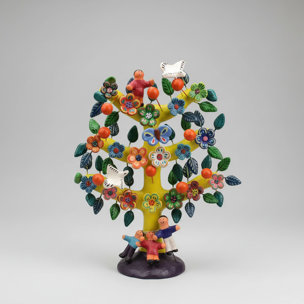 Colorful tree-shaped figurine with people and animals on a gray background