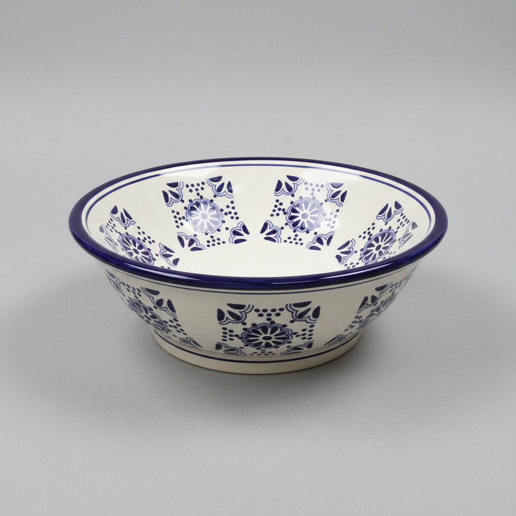 A ceramic bowl with a white glaze decorated with a blue floral and geometric pattern, featuring a solid blue rim, photographed on a neutral gray background.