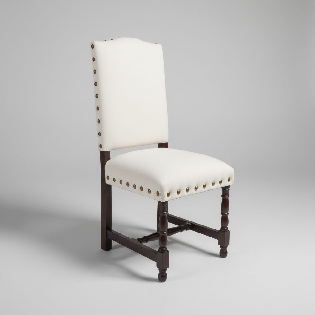 White upholstered chair with dark wood legs on a gray background