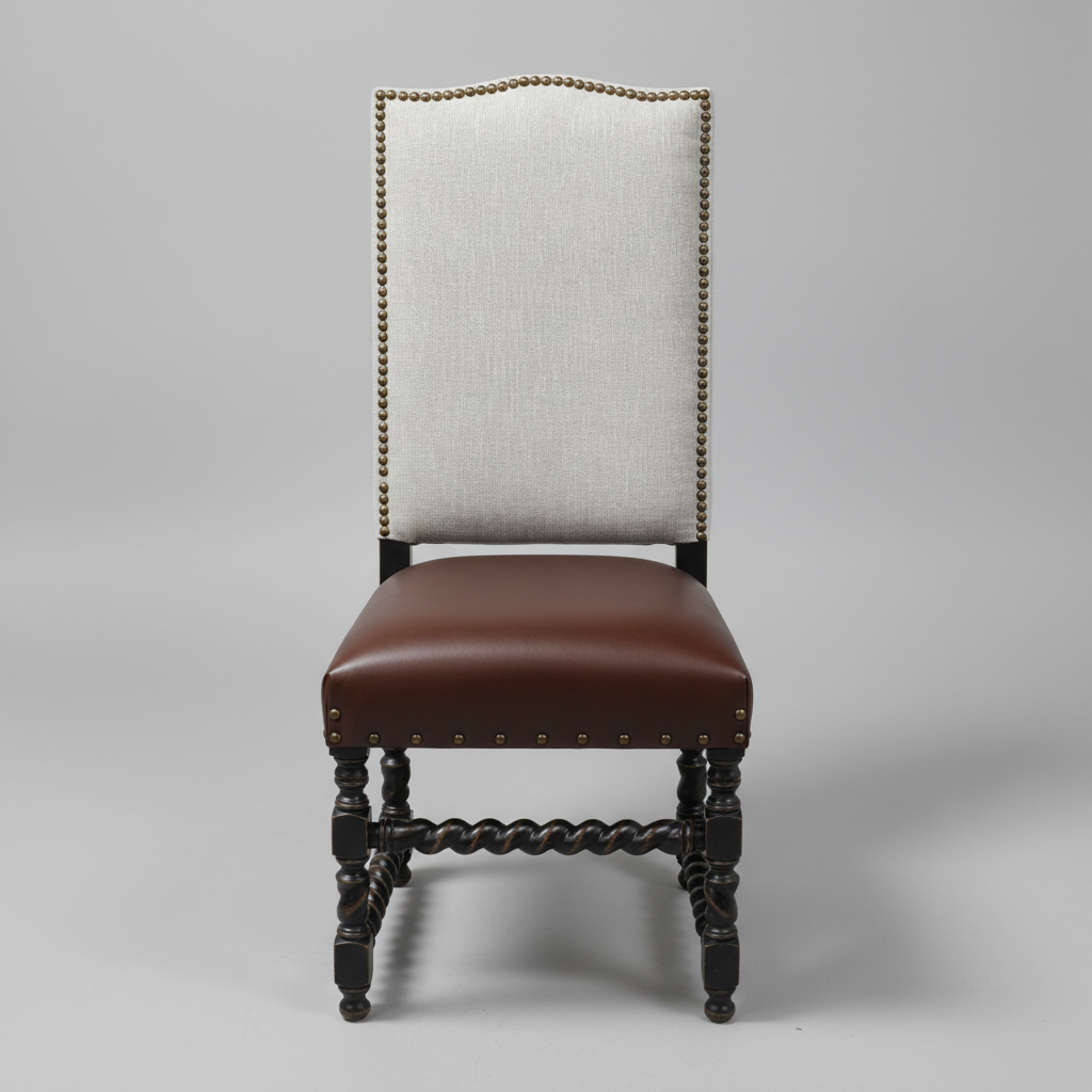 Chair with white upholstered backrest and brown leather seat on a gray background