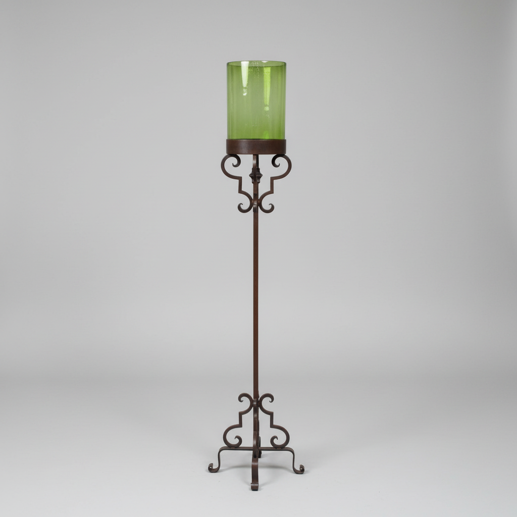 Decorative stands with green glass containers in a room with furniture and decor.