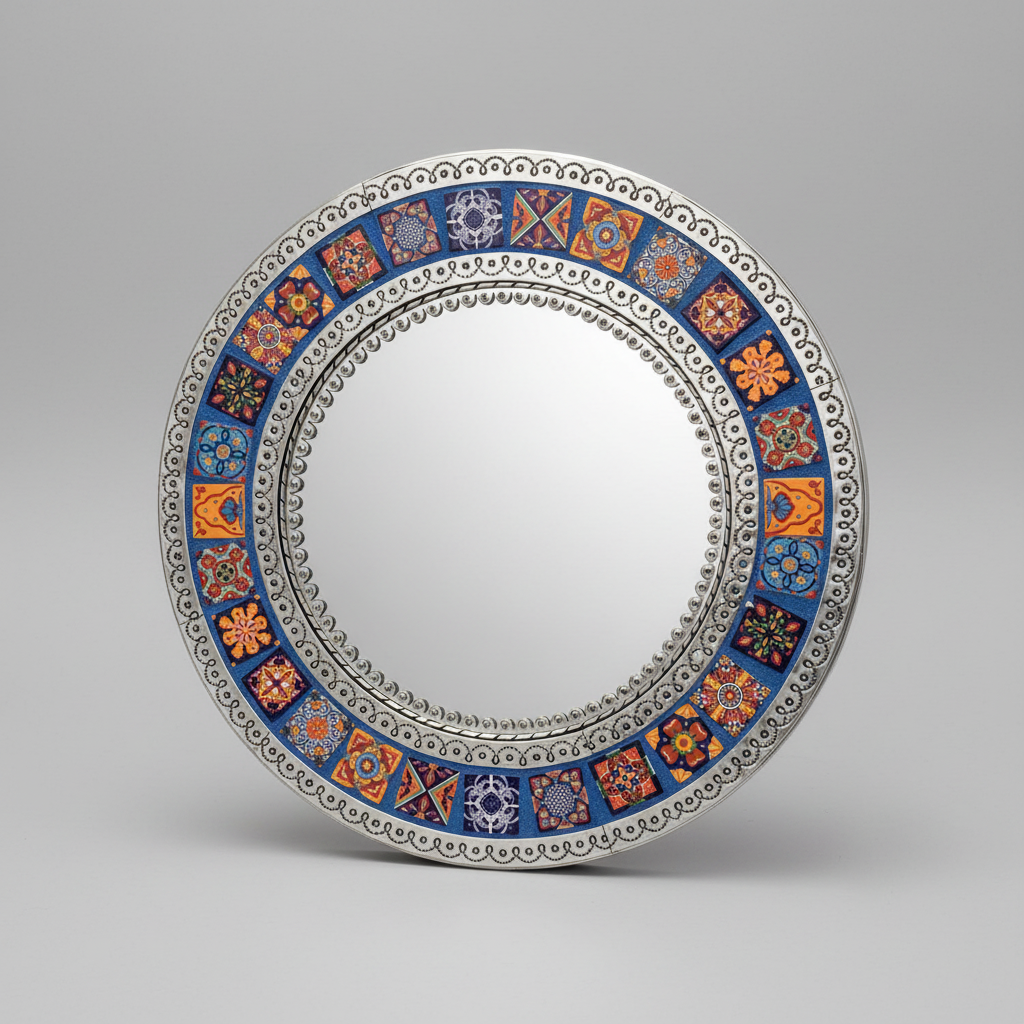 Decorative plate with colorful geometric pattern on a gray background