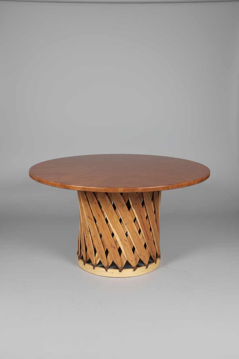 equipale table with a lattice base on a gray background
