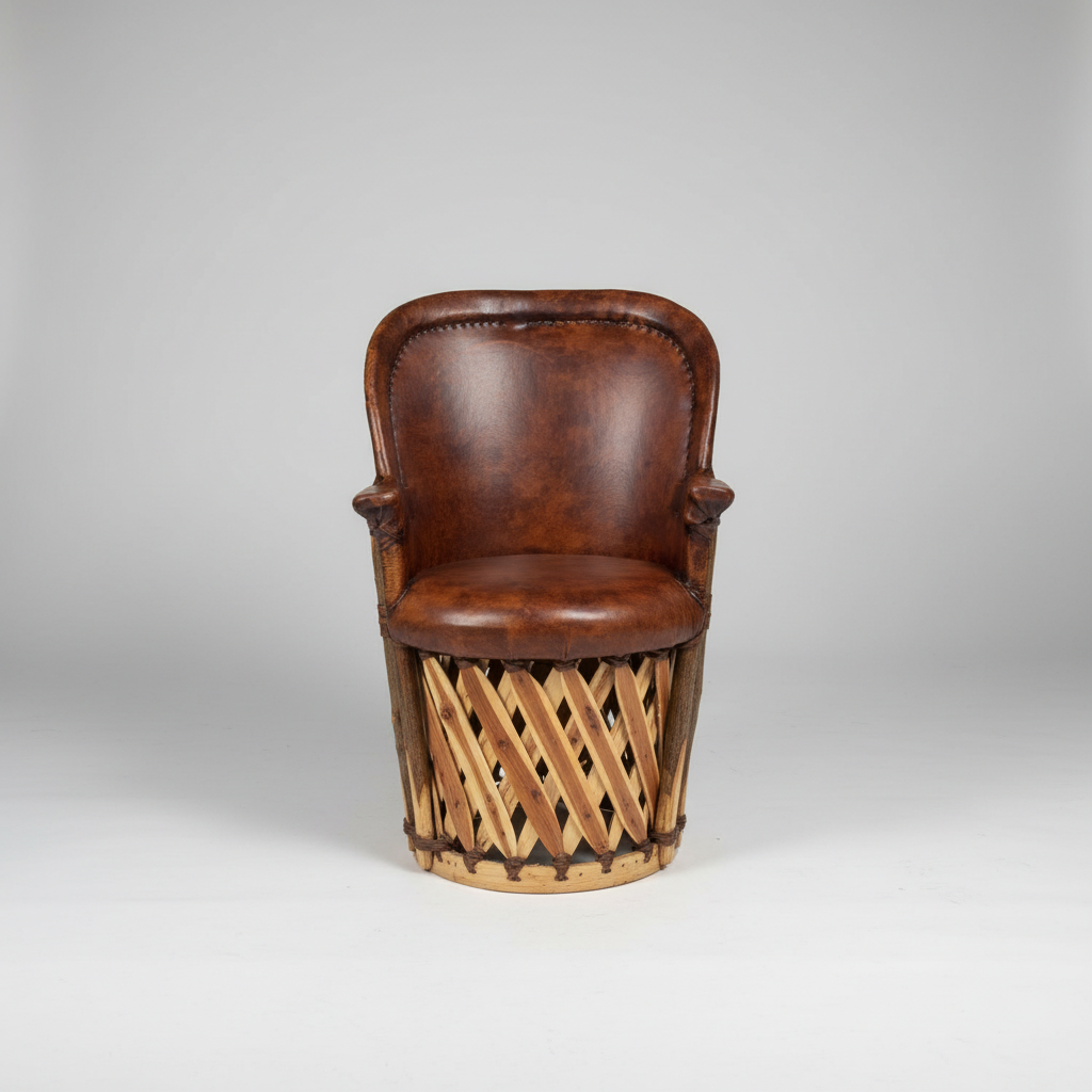 Brown leather chair with wicker base on a gray background