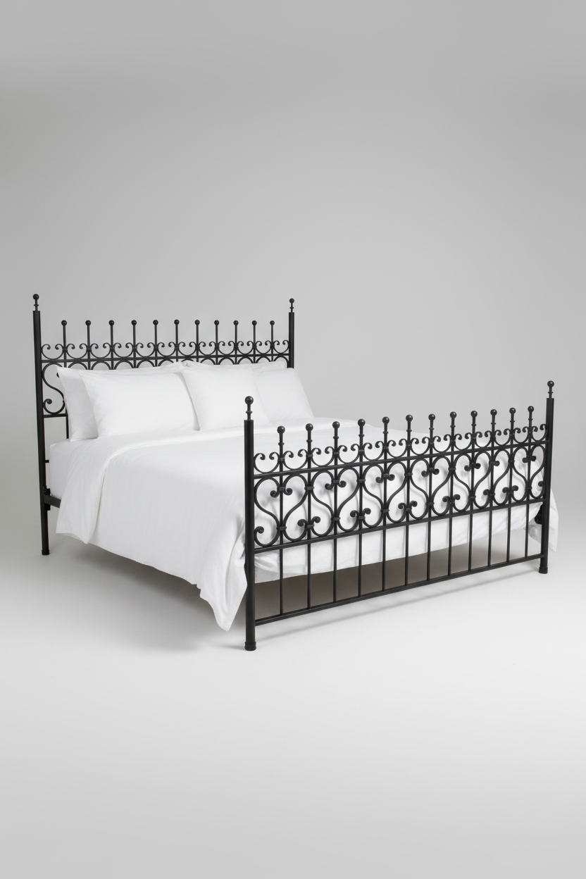 iron bed with white bedding on a plain background