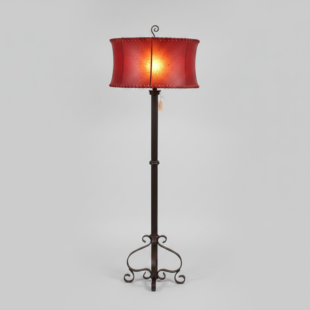 Floor lamp with a red shade on a gray background