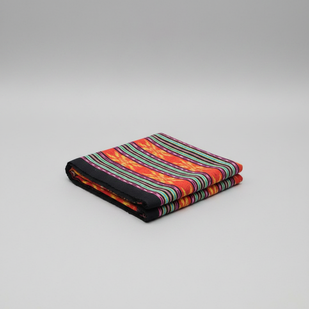 A folded multicolor striped textile, likely a handkerchief or small scarf, featuring red, orange, green, and black stripes with a small yellow motif, set against a neutral gray background.