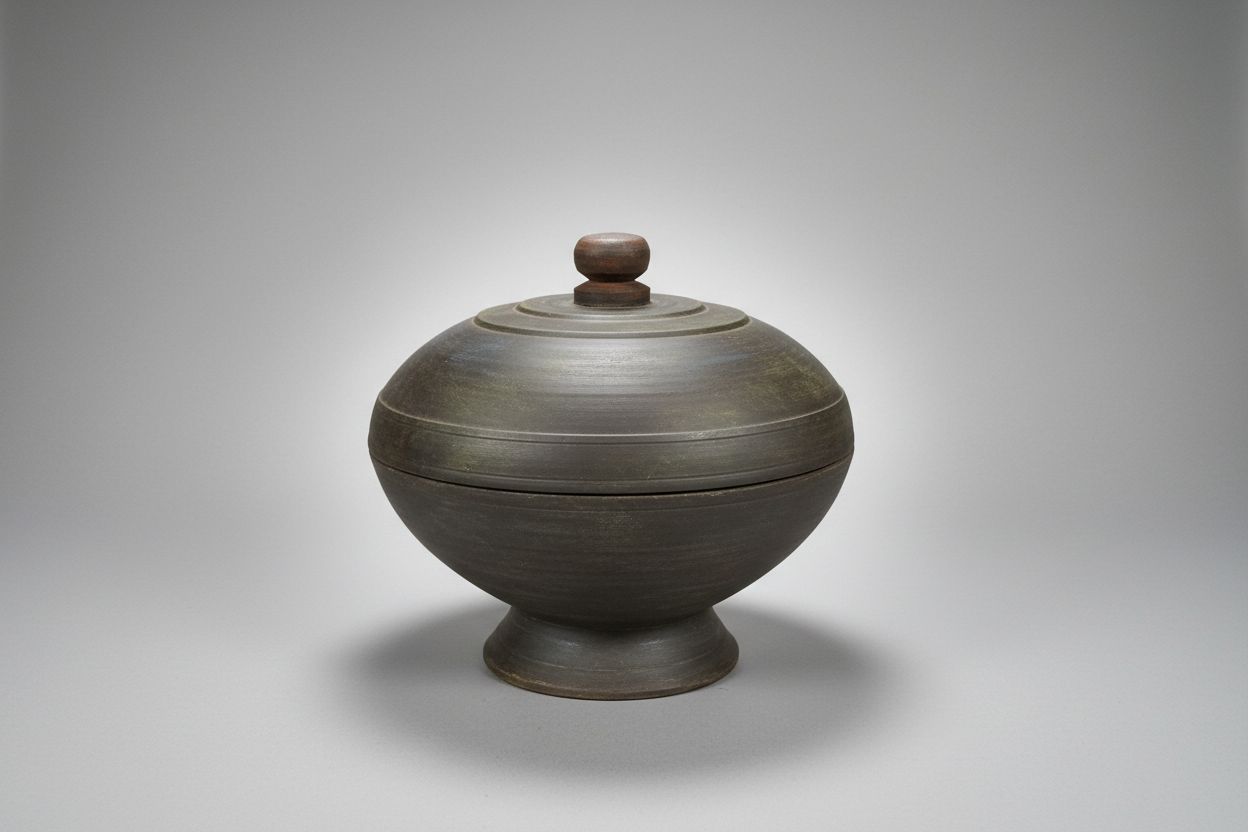 Vintage ceramic pot with lid on a black surface