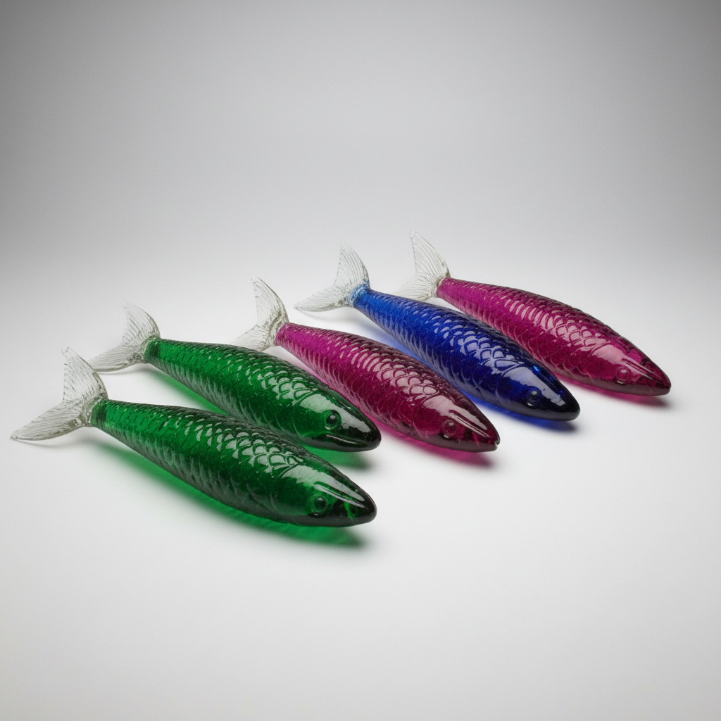 Four translucent fish-shaped decorative objects arranged diagonally on a light gray studio background, each in a different color: green, pink, blue, and magenta.