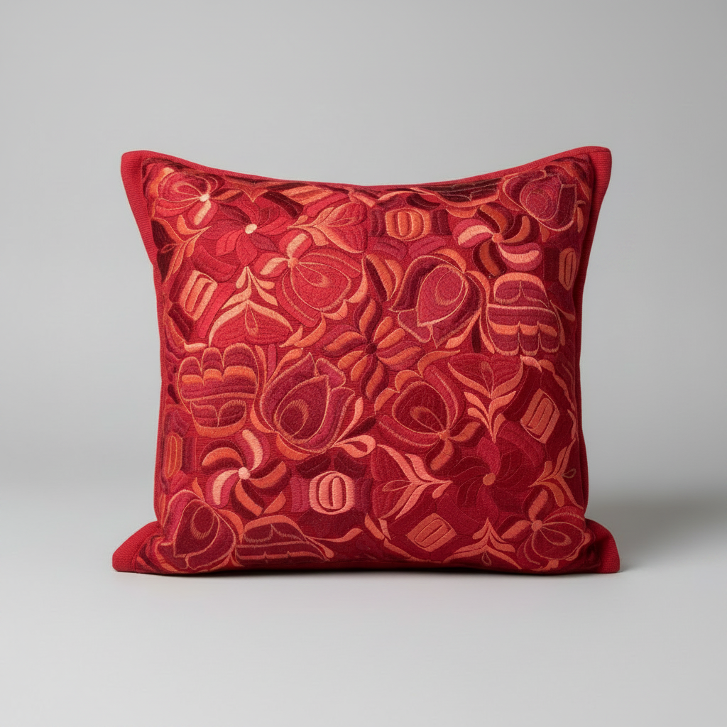 A square decorative throw pillow featuring an intricate, raised floral and botanical pattern in shades of red, rust, and orange, set against a neutral gray background.