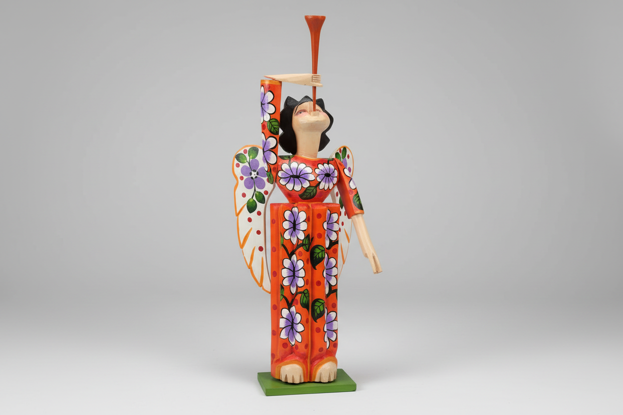 Decorative figurine of a winged figure with floral patterns on an orange dress against a gray background.
