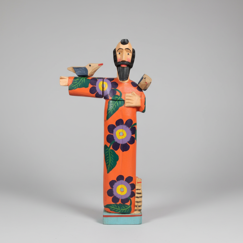Colorful figurine with floral patterns and birds on a gray background