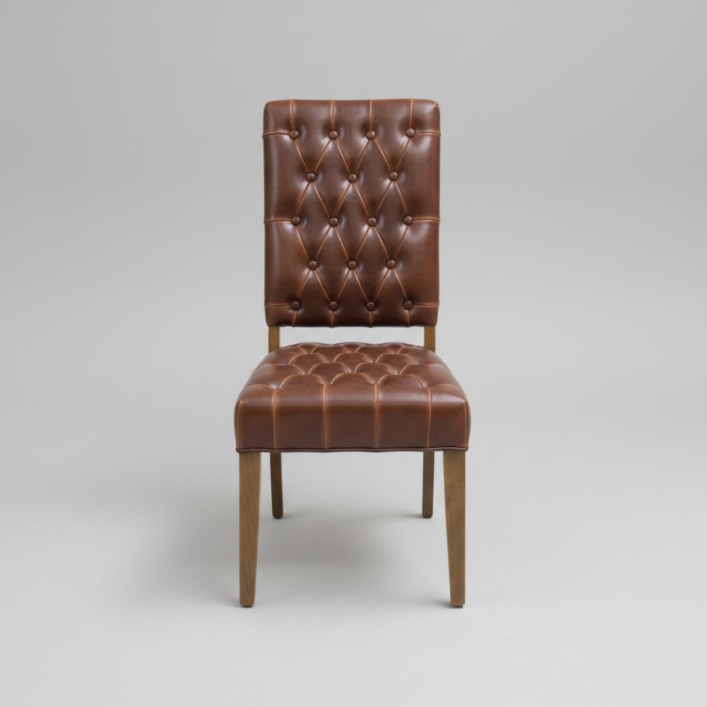 Brown leather chair with tufted backrest on a gray background