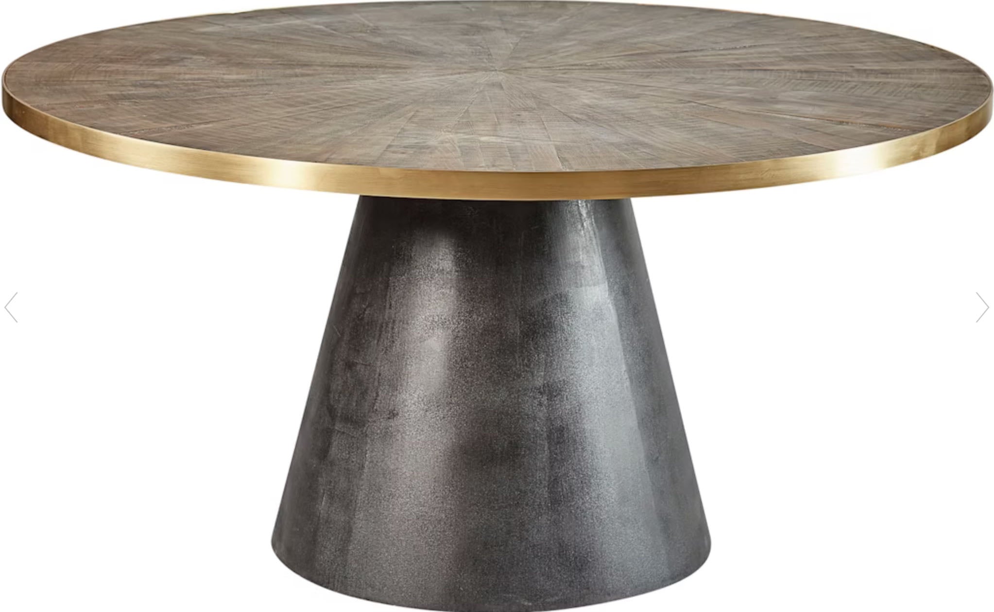 Round dining table with gold rim and concrete base on a white background