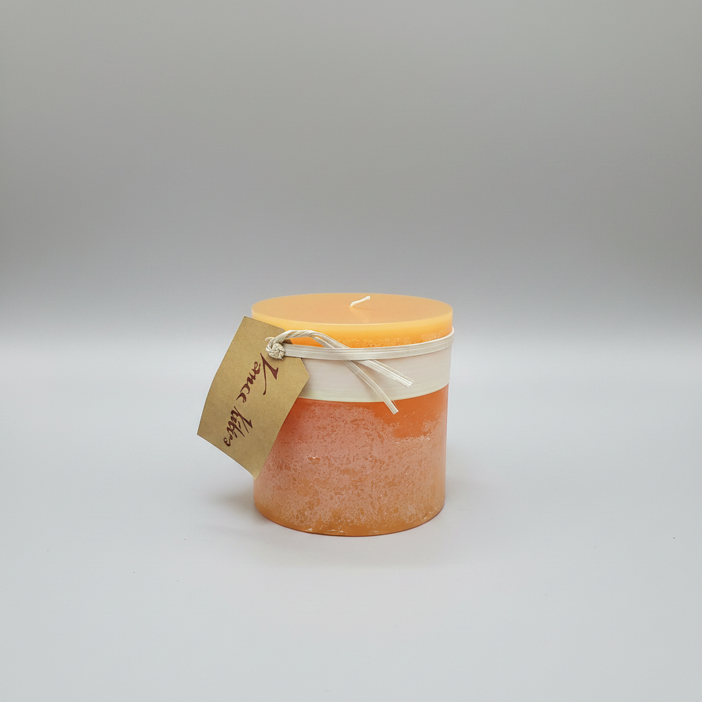 Cylindrical candle with a yellow lid and a visible brand tag on a gray background
