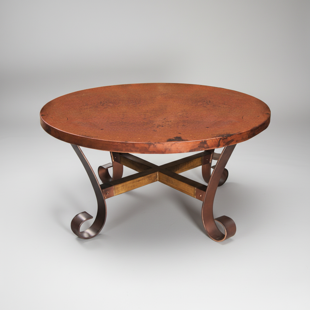 Round copper table with metal legs on a white background