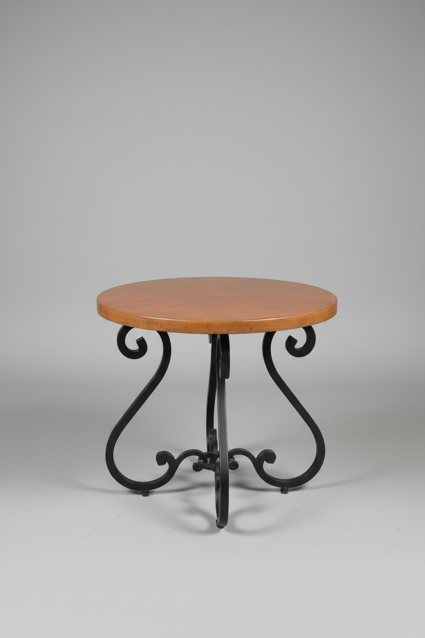 Small round table with wooden top and black metal legs on a gray background