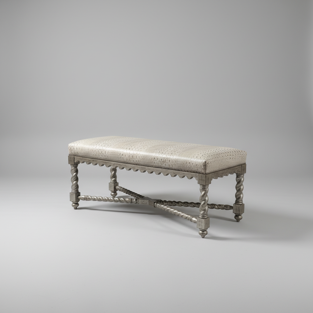 An upholstered bench with a textured off-white seat cushion and a distressed silver metal frame featuring twisted legs and a decorative scalloped edge.