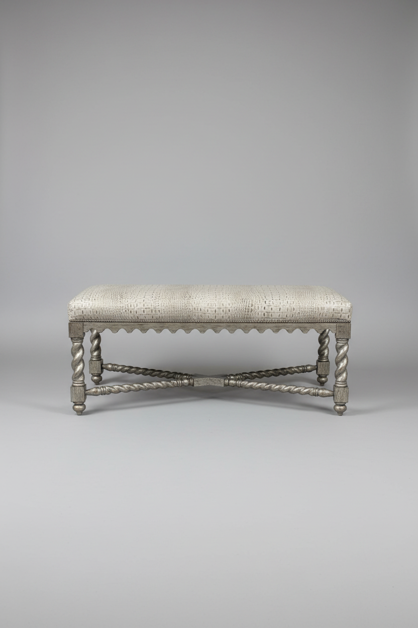 Decorative bench with intricate metal legs on a gray background