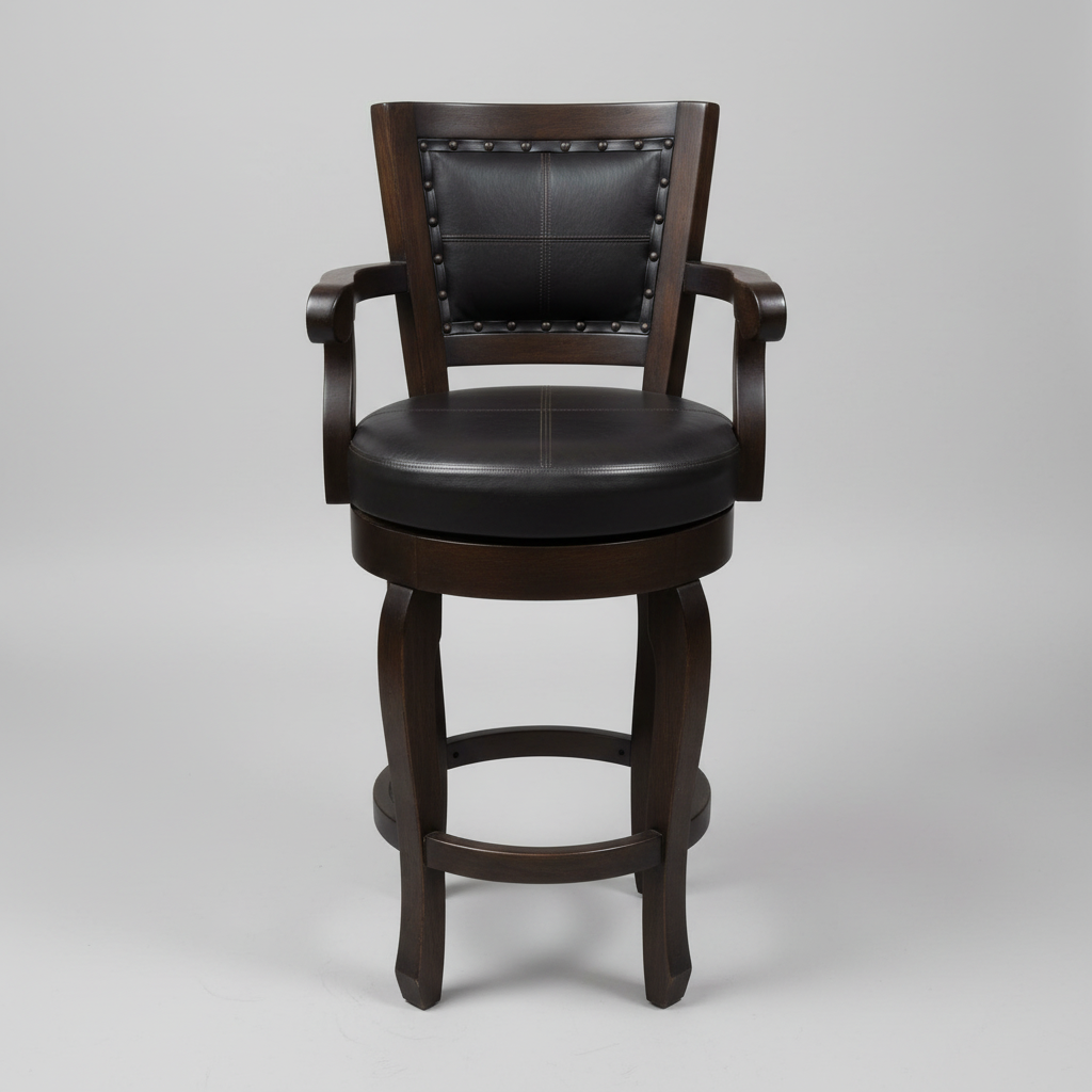 Wooden bar stool with black leather seat and backrest on a gray background