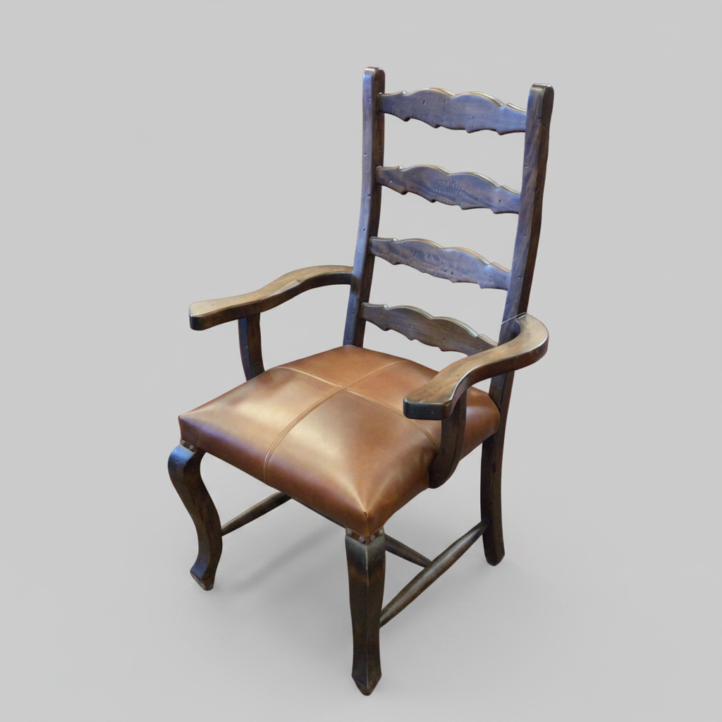 Wooden chair with a brown leather seat on a gray background