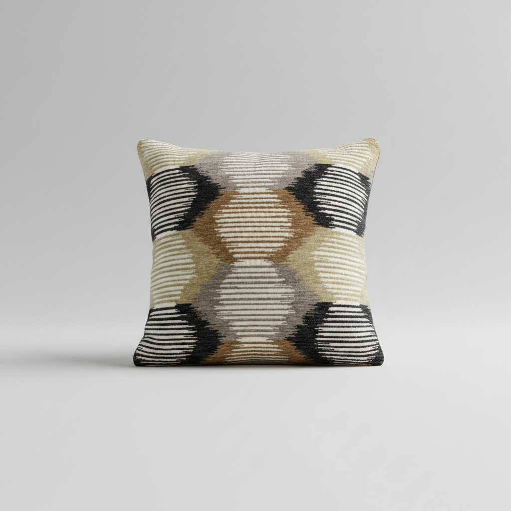 A square decorative throw pillow with a textured geometric ikat pattern in beige, black, and brown, set against a neutral light gray background.
