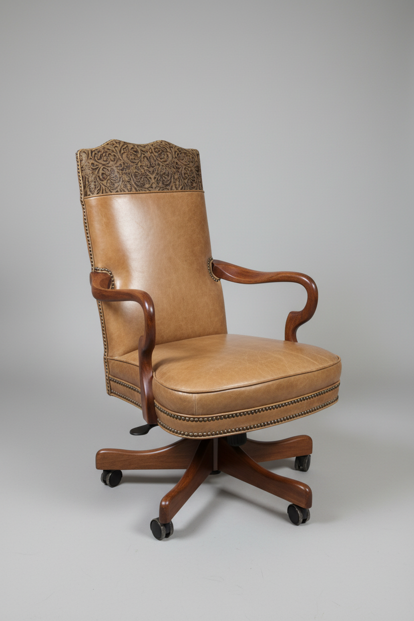 Brown leather office chair with wooden armrests on a gray background