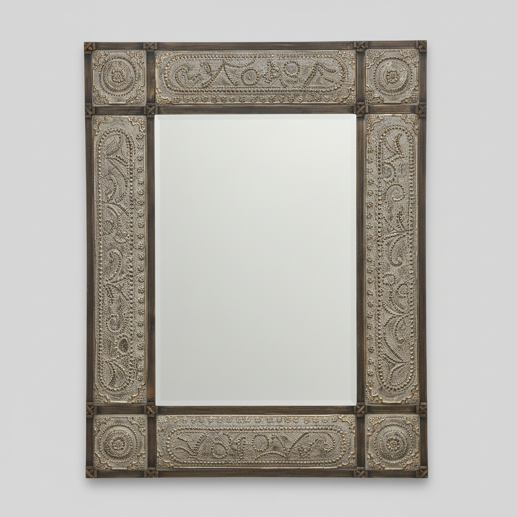 Decorative mirror with intricate patterns on a white wall