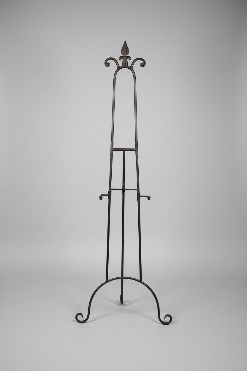 Wrought iron coat rack against a wall with a light switch.