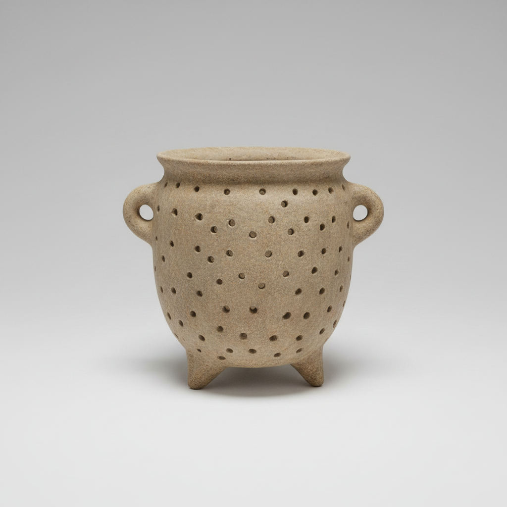 A light beige ceramic perforated censer or incense burner with two side handles and three feet, shown on a neutral gray gradient background.