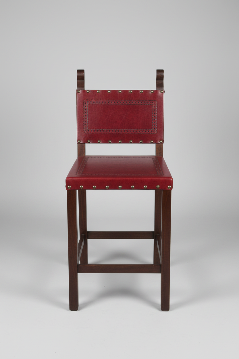 Red chair with wooden frame on a gray background