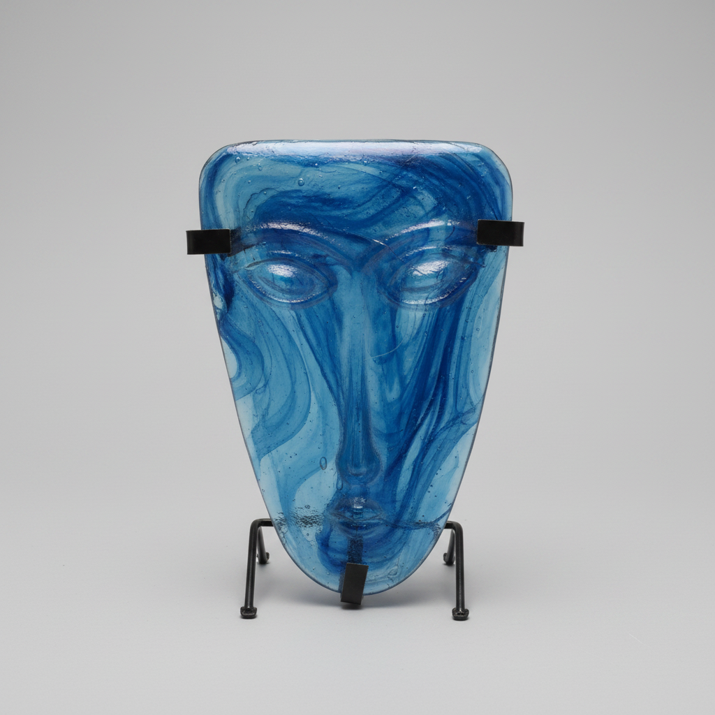 Blue glass face sculpture on a wooden table