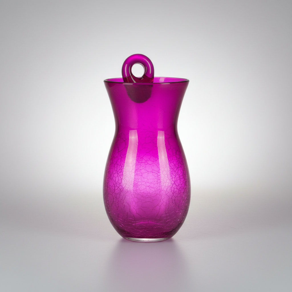 Purple glass vase with a handle on a gray background