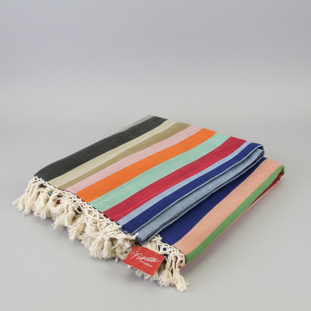 A folded striped Turkish cotton towel with cream fringe, featuring horizontal stripes of dark gray, olive green, light pink, orange, mint green, blue, red, and peach. A red tag with the brand name 'Pasta Italiana' is visible.