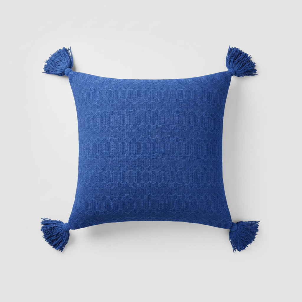 Blue pillow with tassels on a light gray background