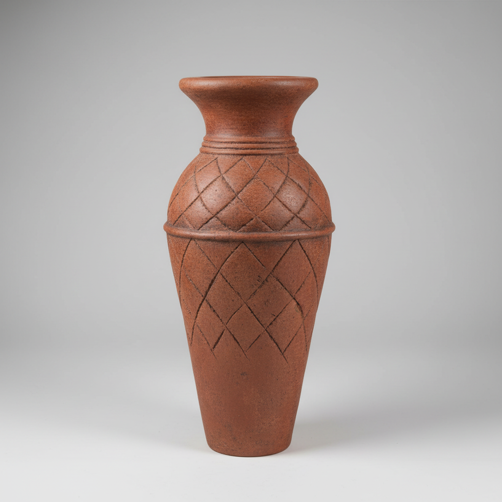 Terracotta vase with woven pattern on a gray background