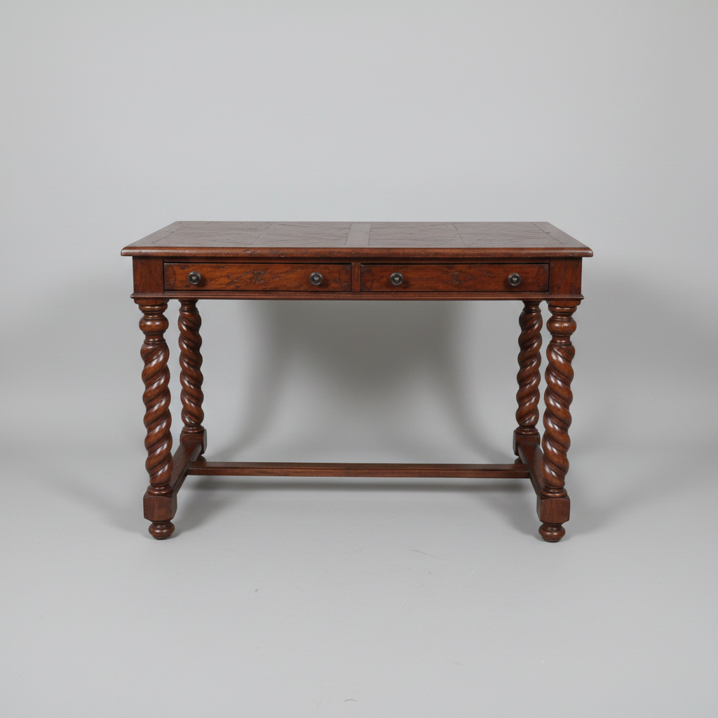 Wooden table with decorative elements on a tiled floor